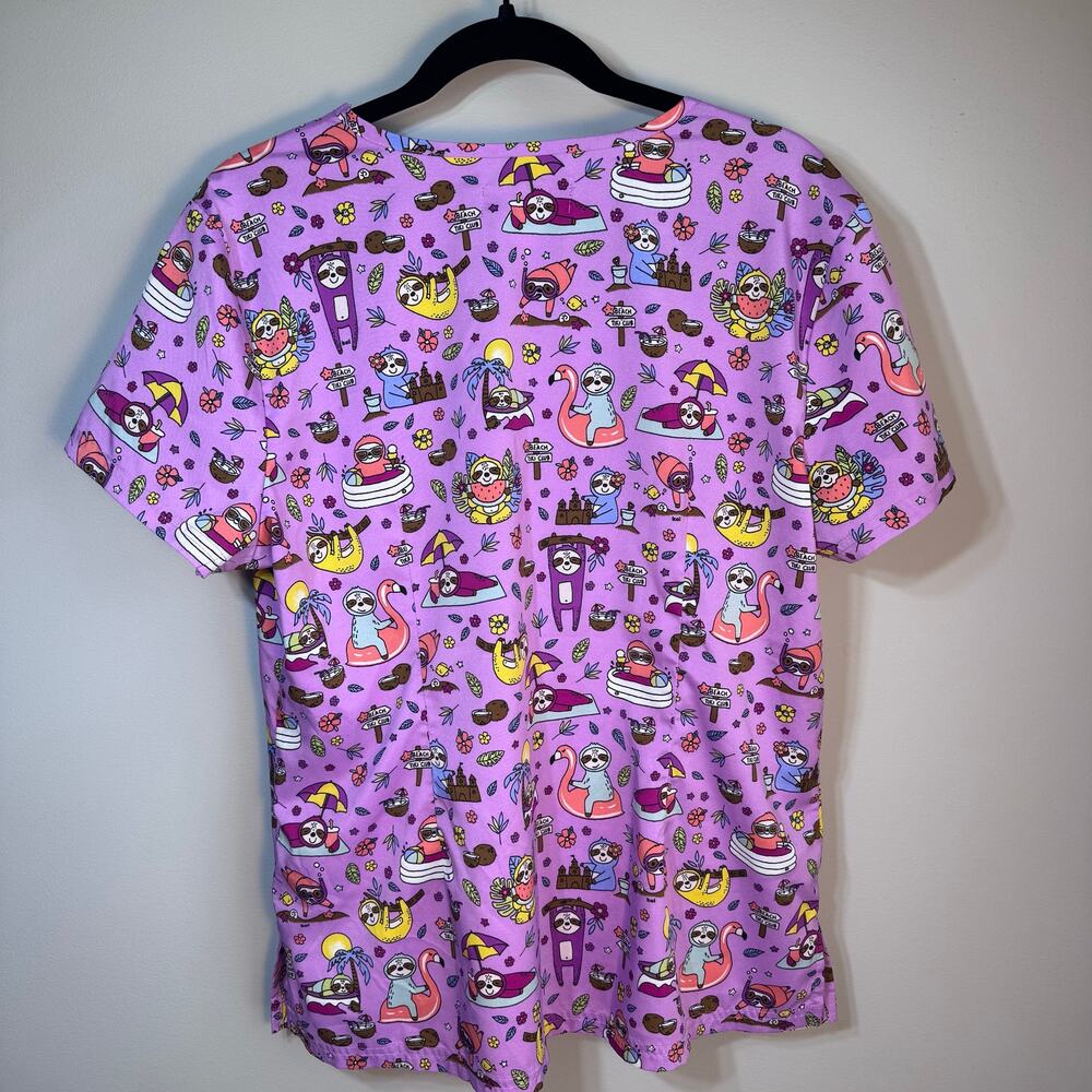 Koi Scrub Top Women's Large Fun Purple Sloths at the Beach Print - Picture 2 of 3
